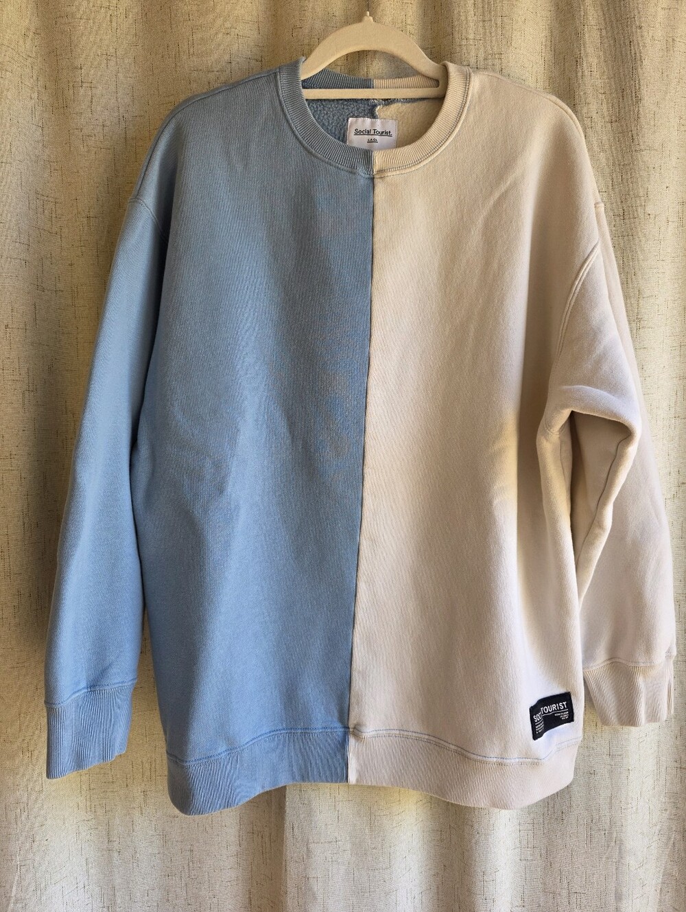 Social Tourist Oversized Half-and-Half Crewneck Sweatshirt Blue Colorblock S